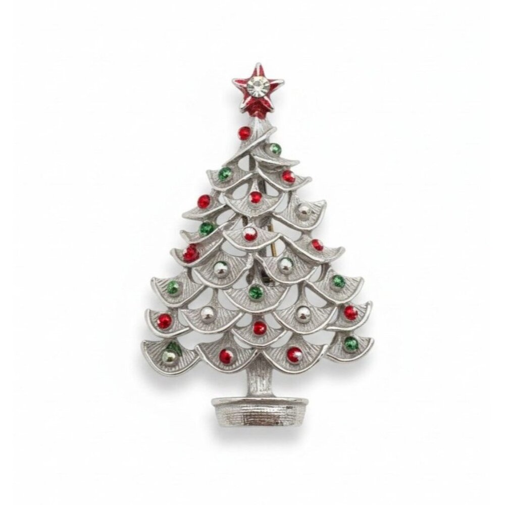 Vintage Christmas Tree Pin Brooch With Rhinestones & Red Star